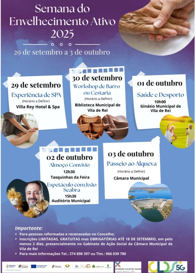 “Semana do Envelhecimento Ativo” regressa a Vila de Rei de 29 de setembro a 3 de outubro “Semana do Envelhecimento Ativo” regressa a Vila de Rei de 29 de setembro a 3 de outubro