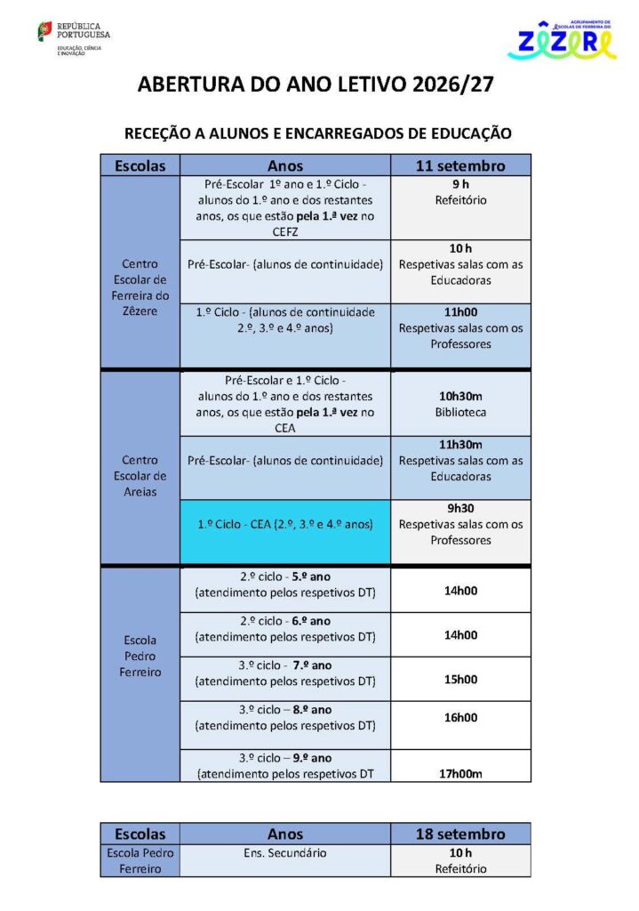 Receção aos alunos e encarregados de educação realiza-se a 11 e 18 de setembro em Ferreira do Zêzere