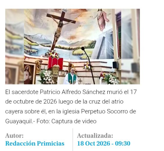 Padre morre após cruz cair sobre si durante a celebração de uma missa