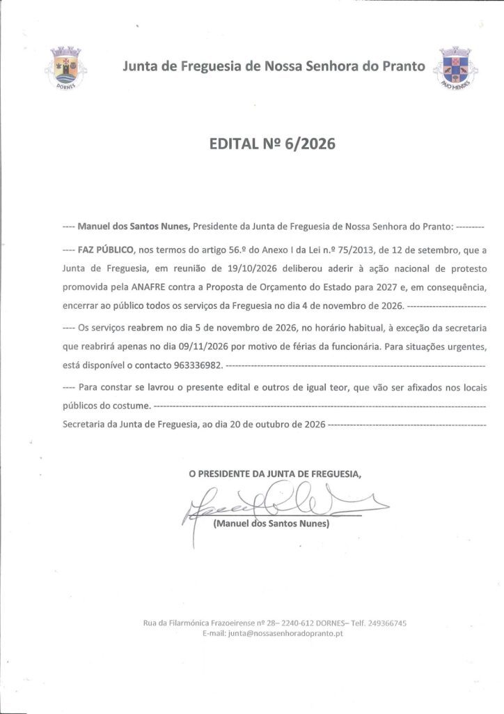 Juntas de Ferreira do Zêzere e Nossa Senhora do Pranto encerram serviços ao público em protesto nacional Juntas de Ferreira do Zêzere e Nossa Senhora do Pranto encerram serviços ao público em protesto nacional