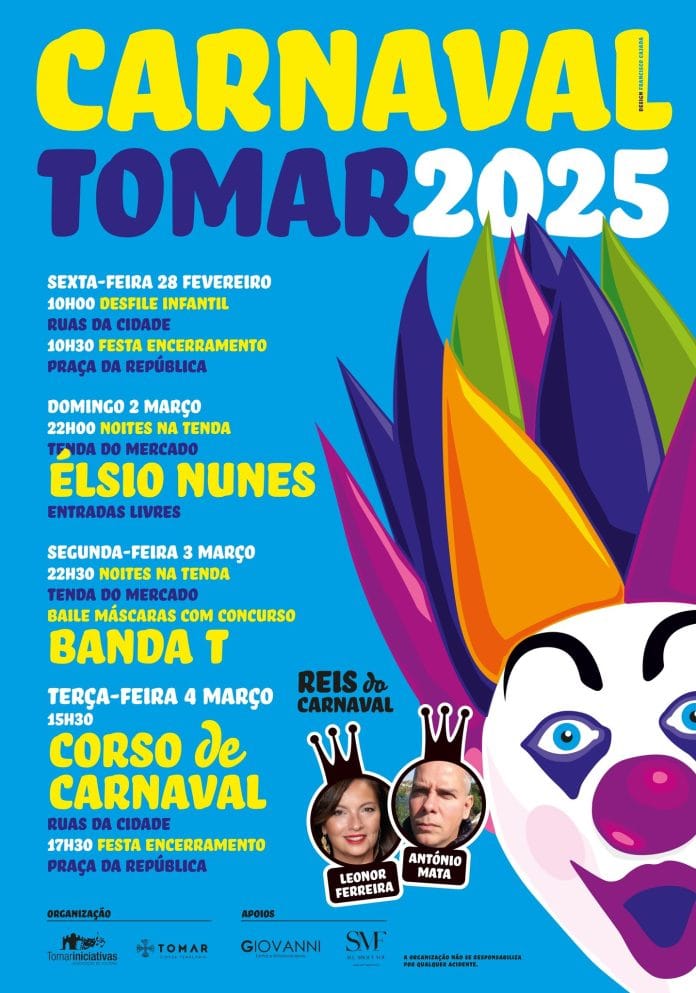 Tomar em festa com o Carnaval 2025 O Carnaval de Tomar 2025 decorre de 28 de fevereiro a 4 de março, com quatro dias de animação pelas ruas da cidade. Destaques da programação: 🎭 Sexta-feira (28/02) – Desfile Infantil e Festa de Encerramento na Praça da República. 🎶 Domingo (02/03) – Noites na Tenda com Élsio Nunes (entrada livre). 🎭 Segunda-feira (03/03) – Baile de Máscaras com Concurso, animado pela Banda T. 🎊 Terça-feira (04/03) – Corso de Carnaval às 15h30, encerrando às 17h30 na Praça da República. Os Reis do Carnaval deste ano são Leonor Ferreira e António Mata. A organização está a cargo das Tomariniciativas e do Município de Tomar. Venha festejar! 🎉