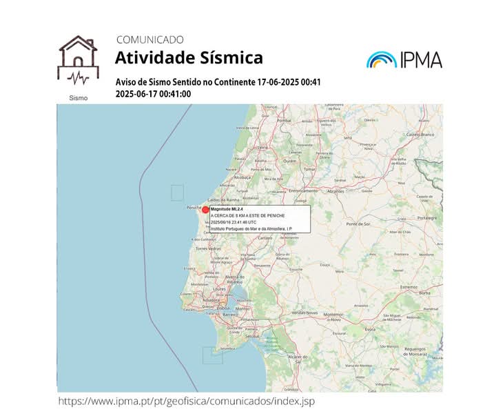 Sismo de magnitude 2.4 sentido em Peniche esta Madrugada
