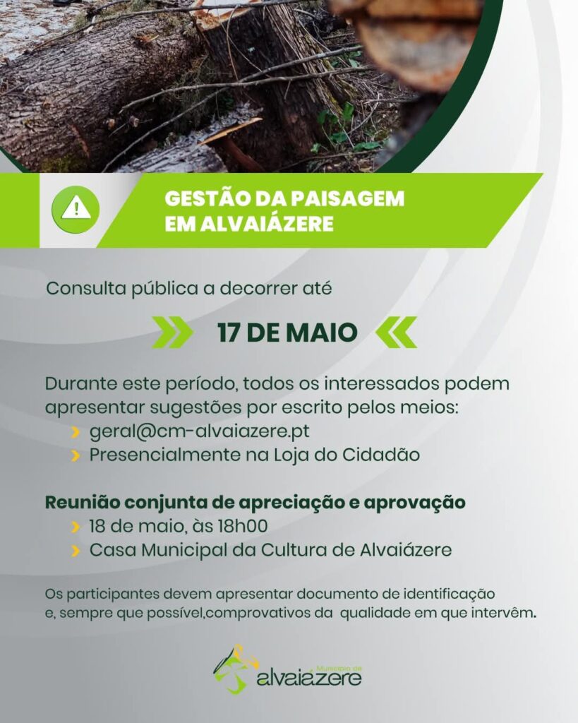 Consulta pública da OIGP 2.0 de Alvaiázere decorre até 17 de maio de 2026 Consulta pública da OIGP 2.0 de Alvaiázere decorre até 17 de maio de 2026