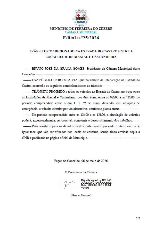 F. Zêzere: Trânsito condicionado na Estrada do Castro entre Maxial e Castanheira F. Zêzere: Trânsito condicionado na Estrada do Castro entre Maxial e Castanheira