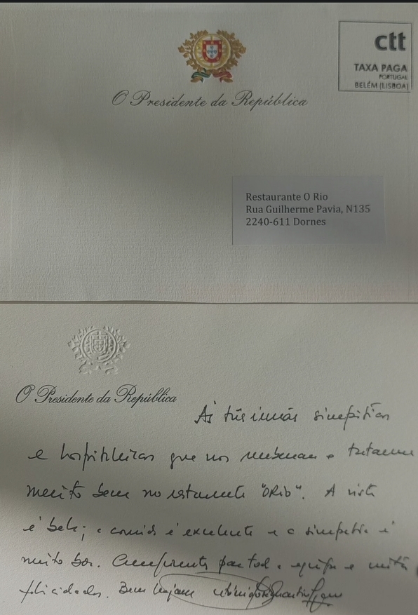 F. Zêzere: Restaurante "O Rio" recebe mensagem manuscrita do Presidente da República F. Zêzere: Restaurante "O Rio" recebe mensagem manuscrita do Presidente da República