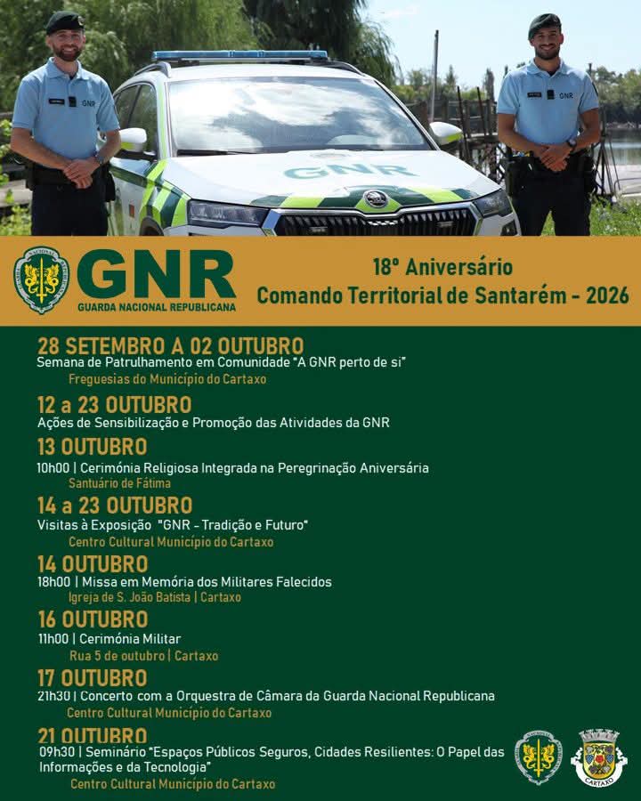 Comando Territorial de Santarém da GNR assinala 18.º aniversário com programa de iniciativas no Cartaxo